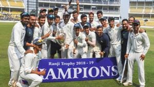 Vidarbha team poses with the trophy after defeating Saurashtra in the final cricket match of the Ranji Trophy 2018- 19.(PTI) Vidarbha team poses with the trophy after defeating Saurashtra in the final cricket match of the Ranji Trophy 2018- 19.(PTI)