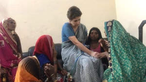 Congress general secretary Priyanka Gandhi Vadra in Chunar fort on Saturday with families of the 10 people killed in a land dispute in UP’s Sonbhadra.(Twitter/Congress) Congress general secretary Priyanka Gandhi Vadra in Chunar fort on Saturday with families of the 10 people killed in a land dispute in UP’s Sonbhadra.(Twitter/Congress)