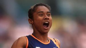 File image of Hima Das celebrating after winning a race.(Getty Images for IAAF) File image of Hima Das celebrating after winning a race.(Getty Images for IAAF)