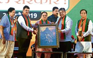 BJP’s Mumbai unit chief Mangal Prabhat Lodha, CM Devendra Fadnavis, national working president JP Nadda, state party unit chief Chandrakant Patil and Union MoS Raosaheb Danve at the meet in Goregaon on Sunday.(Satyabrata Tripathy/HT Photo) BJP’s Mumbai unit chief Mangal Prabhat Lodha, CM Devendra Fadnavis, national working president JP Nadda, state party unit chief Chandrakant Patil and Union MoS Raosaheb Danve at the meet in Goregaon on Sunday.(Satyabrata Tripathy/HT Photo)