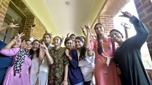 The first year students enjoy on the first day of the new academic session, at Miranda House College, North Campus, in New Delhi, India, on Saturday(Sushil Kumar/HT PHOTO) The first year students enjoy on the first day of the new academic session, at Miranda House College, North Campus, in New Delhi, India, on Saturday(Sushil Kumar/HT PHOTO)