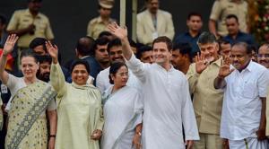 UPA chairperson Sonia Gandhi, BSP chief Mayawati, West Bengal CM Mamata Banerjee, Congress leader Rahul Gandhi, TDP chief N Chandrababu Naidu and Karnataka CM HD Kumaraswamy, in Bengaluru on May 23, 2018.(PTI File) UPA chairperson Sonia Gandhi, BSP chief Mayawati, West Bengal CM Mamata Banerjee, Congress leader Rahul Gandhi, TDP chief N Chandrababu Naidu and Karnataka CM HD Kumaraswamy, in Bengaluru on May 23, 2018.(PTI File)