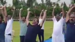 BJP MLAs performing yoga at the Ramada hotel in Bengaluru on Sunday, July 21, 2019.(ANI) BJP MLAs performing yoga at the Ramada hotel in Bengaluru on Sunday, July 21, 2019.(ANI)