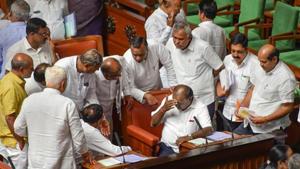 Karnataka’s beleaguered coalition government faces trust vote in the assembly on Monday after missing two previous deadlines set by the governor last week(PTI) Karnataka’s beleaguered coalition government faces trust vote in the assembly on Monday after missing two previous deadlines set by the governor last week(PTI)