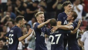 Tottenham's Harry Kane celebrates with his teammates after scoring a goal.(AP) Tottenham's Harry Kane celebrates with his teammates after scoring a goal.(AP)