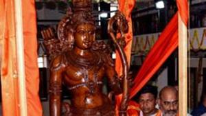 Uttar Pradesh Chief Minister Yogi Adityanath (R) poses for photographs next to a newly unveiled seven-foot tall statue of Lord Rama at Ayodhya Shodh Sansthan, in Ayodhya on June 7, 2019.(AFP File) Uttar Pradesh Chief Minister Yogi Adityanath (R) poses for photographs next to a newly unveiled seven-foot tall statue of Lord Rama at Ayodhya Shodh Sansthan, in Ayodhya on June 7, 2019.(AFP File)