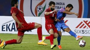 Indian football team captain Sunil Chhetri in action during a match against Syria.(ANI) Indian football team captain Sunil Chhetri in action during a match against Syria.(ANI)