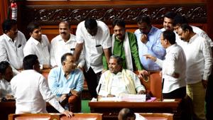 Former Chief Minister Siddaramaiah with party MLAs during assembly session at Vidhana Soudha in Bengaluru on July 22, 2019.(PTI) Former Chief Minister Siddaramaiah with party MLAs during assembly session at Vidhana Soudha in Bengaluru on July 22, 2019.(PTI)