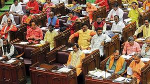 CM Yogi Adityanath and other legislators during the presentation of the supplementary budget during the ongoing monsoon session of the UP Assembly, in Lucknow.(HT Photo) CM Yogi Adityanath and other legislators during the presentation of the supplementary budget during the ongoing monsoon session of the UP Assembly, in Lucknow.(HT Photo)