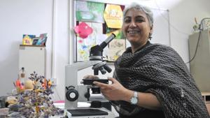 Gurmeet Kaur at Panjab University’s geology department.(Ravi Kumar/HT) Gurmeet Kaur at Panjab University’s geology department.(Ravi Kumar/HT)