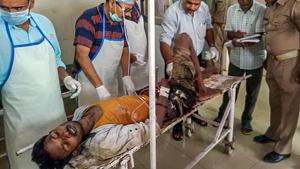 VAn injured being brought to a hospital in Varanasi after the shootings in Sonbhadra(PTI) VAn injured being brought to a hospital in Varanasi after the shootings in Sonbhadra(PTI)