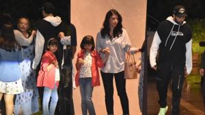 Brinda Rai, Aishwarya Rai, Aaradhya and Abhishek Bachchan during their dinner outing.(Varinder Chawla) Brinda Rai, Aishwarya Rai, Aaradhya and Abhishek Bachchan during their dinner outing.(Varinder Chawla)