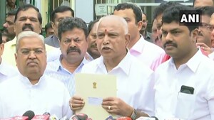 BJP leader BS Yeddyurappa speaking to mediapersons after staking claim to form government in Karnataka.(ANI photo)