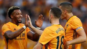 Wolverhampton Wanderers' Diogo Jota celebrates scoring their first goal with Adama Traore.(Action Images via Reuters) Wolverhampton Wanderers' Diogo Jota celebrates scoring their first goal with Adama Traore.(Action Images via Reuters)