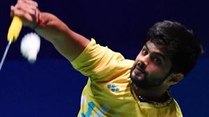 Sai Praneeth B. of India hits a return during his men's singles quarter-final match against Tommy Sugiarto of Indonesia at Japan Open.(AFP) Sai Praneeth B. of India hits a return during his men's singles quarter-final match against Tommy Sugiarto of Indonesia at Japan Open.(AFP)