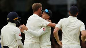 England's Joe Root celebrates with team mates after taking the catch to dismiss Ireland's Andy Balbirnie.(Reuters) England's Joe Root celebrates with team mates after taking the catch to dismiss Ireland's Andy Balbirnie.(Reuters)