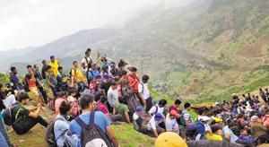 A large group of trekkers seen at Harihar fort, located 40km from Nashik city.(HT PHOTO) A large group of trekkers seen at Harihar fort, located 40km from Nashik city.(HT PHOTO)