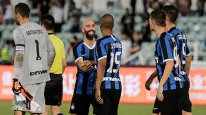 Inter Milan's players celebrate winning the match against Paris St. Germain in a penalty shootout after their International Super Cup football match in Macau on July 27, 2019.(AFP) Inter Milan's players celebrate winning the match against Paris St. Germain in a penalty shootout after their International Super Cup football match in Macau on July 27, 2019.(AFP)