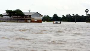 People ride in a boat as heavy rainfall led to flooding, in Darbhanga district of Bihar on July 25, 2019.(Parwaz Khan / Hindustan Times) People ride in a boat as heavy rainfall led to flooding, in Darbhanga district of Bihar on July 25, 2019.(Parwaz Khan / Hindustan Times)