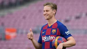 Dutch midfielder Frenkie de Jong during his official presentation at the Camp Nou stadium in Barcelona.(AFP) Dutch midfielder Frenkie de Jong during his official presentation at the Camp Nou stadium in Barcelona.(AFP)