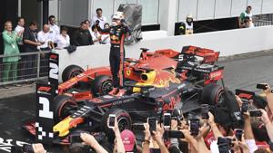 Red Bull driver Max Verstappen of the Netherland's celebrates after he won the German Formula One Grand Prix at the Hockenheimring racetrack in Hockenheim, Germany, Sunday, July 28, 2019(AP) Red Bull driver Max Verstappen of the Netherland's celebrates after he won the German Formula One Grand Prix at the Hockenheimring racetrack in Hockenheim, Germany, Sunday, July 28, 2019(AP)