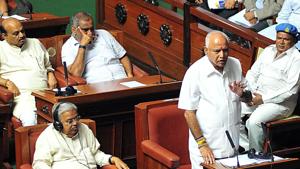 Newly sworn-in Chief Minister of Karnataka, B.S. Yeddyurappa speaks during the trust vote at Vidhana Soudha in Bengaluru.(ANI Photo) Newly sworn-in Chief Minister of Karnataka, B.S. Yeddyurappa speaks during the trust vote at Vidhana Soudha in Bengaluru.(ANI Photo)