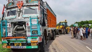 The truck that rammed into a car carrying Unnao rape victim, her relatives and her lawyer.(HT Photo) The truck that rammed into a car carrying Unnao rape victim, her relatives and her lawyer.(HT Photo)