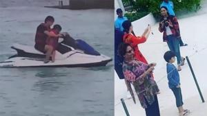 Shah Rukh Khan and son AbRam ride a water-scooter (left) Gauri Khan and AbRam enjoy sights of Maldives (right).(Instagram) Shah Rukh Khan and son AbRam ride a water-scooter (left) Gauri Khan and AbRam enjoy sights of Maldives (right).(Instagram)