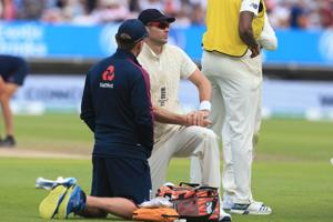 James Anderson receives attention during the first Ashes cricket Test match between England and Australia at Edgbaston.(AFP) James Anderson receives attention during the first Ashes cricket Test match between England and Australia at Edgbaston.(AFP)
