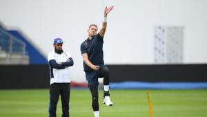 England bowler Stuart Broad bowls under the watchful eye of Aleem Dar during England nets ahead of the First Ashes Test Match against Australia at Edgbaston on July 31, 2019 in Birmingham.(Getty Images) England bowler Stuart Broad bowls under the watchful eye of Aleem Dar during England nets ahead of the First Ashes Test Match against Australia at Edgbaston on July 31, 2019 in Birmingham.(Getty Images)