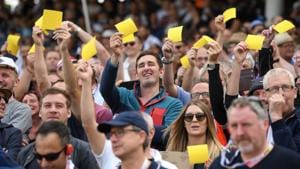 England fans show off their yellow sandpaper during day one of the First Specsavers Ashes Test Match between England and Australia at Edgbaston on August 01, 2019 in Birmingham, England.(Getty Images) England fans show off their yellow sandpaper during day one of the First Specsavers Ashes Test Match between England and Australia at Edgbaston on August 01, 2019 in Birmingham, England.(Getty Images)