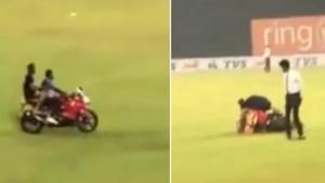 Kusal Mendis suffered a bike accident during the victory celebration(Screen grab) Kusal Mendis suffered a bike accident during the victory celebration(Screen grab)