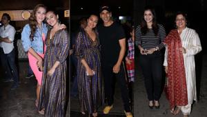 Iulia Vantur, Akshay Kumar, Madhu Chopra and Mannara Chopra join Sonakshi Sinha at Khandaani Shafakhana screening.(Varinder Chawla) Iulia Vantur, Akshay Kumar, Madhu Chopra and Mannara Chopra join Sonakshi Sinha at Khandaani Shafakhana screening.(Varinder Chawla)