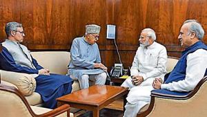 Former J&K CMs Farooq Abdullah, Omar Abdullah and MP Hasnain Masoodi with PM Modi in New Delhi on Thursday.(ANI Photo) Former J&K CMs Farooq Abdullah, Omar Abdullah and MP Hasnain Masoodi with PM Modi in New Delhi on Thursday.(ANI Photo)