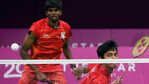 India's Satwik Rankireddy (L) and Chirag Chandrashekhar Shetty (R) play a return.(AFP/Getty Images) India's Satwik Rankireddy (L) and Chirag Chandrashekhar Shetty (R) play a return.(AFP/Getty Images)