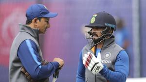 India's Kedar Jadhav speaks to batting coach Sanjay Bangar in the nets at the Cricket World Cup match.(AP) India's Kedar Jadhav speaks to batting coach Sanjay Bangar in the nets at the Cricket World Cup match.(AP)