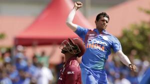 West Indies' Shimron Hetmyer, left, reacts as he is bowled by India's Navdeep Saini.(AP) West Indies' Shimron Hetmyer, left, reacts as he is bowled by India's Navdeep Saini.(AP)