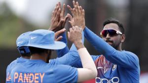 Krunal Pandya celebrates with teammates during the second T20I between India and West Indies.(AP) Krunal Pandya celebrates with teammates during the second T20I between India and West Indies.(AP)