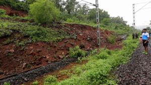 A landslide near Raigad district, a major train tragedy averted in Mumbai.(HT photo) A landslide near Raigad district, a major train tragedy averted in Mumbai.(HT photo)