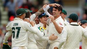 Australia's Pat Cummins and Steve Smith celebrate with teammates after taking the wicket of England's Chris Woakes giving Australia victory in the first test(Action Images via Reuters) Australia's Pat Cummins and Steve Smith celebrate with teammates after taking the wicket of England's Chris Woakes giving Australia victory in the first test(Action Images via Reuters)