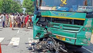 The motorcycle reportedly rammed into the bus while overtaking a truck near Muktsar on Wednesday. The motorcycle reportedly rammed into the bus while overtaking a truck near Muktsar on Wednesday.