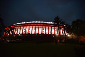 Parliament building illuminated as the 73rd Independence Day approaches, in New Delhi, India on Tuesday. Parliament building illuminated as the 73rd Independence Day approaches, in New Delhi, India on Tuesday.