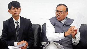 District and sessions judge Ravi Kumar Sondhi (right) and chief judicial magistrate Narender Singh address a press conference at the District Court in Gurugram on Wednesday.