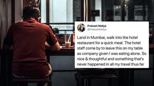 Twitter user Prakash Mallya had stepped inside Trident Hotel in Bandra Kurla Complex for a meal when staff at the hotel brought him some company.(Representational Image) Twitter user Prakash Mallya had stepped inside Trident Hotel in Bandra Kurla Complex for a meal when staff at the hotel brought him some company.(Representational Image)