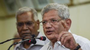 CPI (M) General Secretary Sitaram Yechury addresses a press conference as CPI General Secretary D Raja looks on, in New Delhi.(PTI) CPI (M) General Secretary Sitaram Yechury addresses a press conference as CPI General Secretary D Raja looks on, in New Delhi.(PTI)