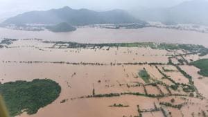 An aerial view of a flood-affected area in Andhra Pradesh.(PTI PHOTO.) An aerial view of a flood-affected area in Andhra Pradesh.(PTI PHOTO.)