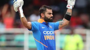 Virat Kohli celebrates after scoring his ton against West Indies in the second ODI encounter.(Getty Images) Virat Kohli celebrates after scoring his ton against West Indies in the second ODI encounter.(Getty Images)