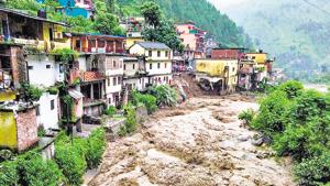 Chamoli: Flood water gush down after a cloudburst in Chamoli district, Monday, Aug 12, 2019)(PTI) Chamoli: Flood water gush down after a cloudburst in Chamoli district, Monday, Aug 12, 2019)(PTI)