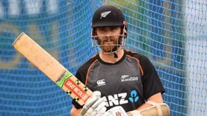 New Zealand cricket captain Kane Williamson looks on during a practice session(AFP)