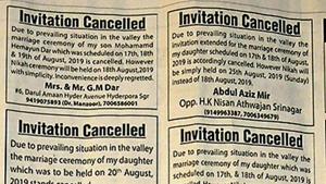A section of the Greater Kashmir newspaper shows announcements by families about the cancellation of the wedding functions of their family members owing to the prevailing conditions in the valley, in Srinagar, India, on Sunday, August 11, 2019.((Photo by Waseem Andrabi / Hindustan Times)) A section of the Greater Kashmir newspaper shows announcements by families about the cancellation of the wedding functions of their family members owing to the prevailing conditions in the valley, in Srinagar, India, on Sunday, August 11, 2019.((Photo by Waseem Andrabi / Hindustan Times))